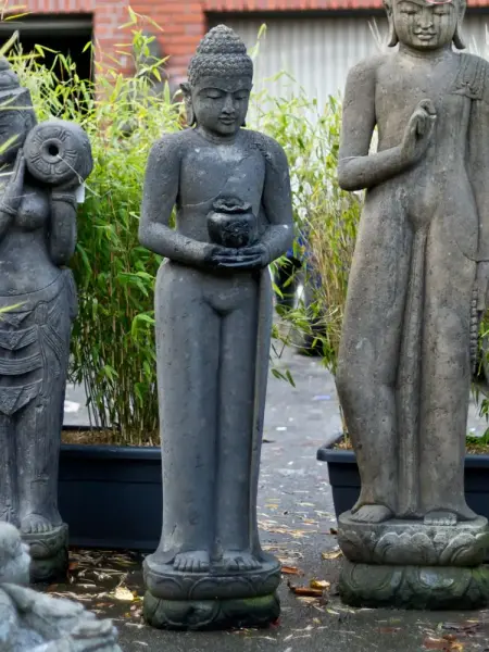 Product image 1 of the product “Standing Buddha, Indian Style - with vessel, in the sizes from 100 to 200cm, antique finish ”